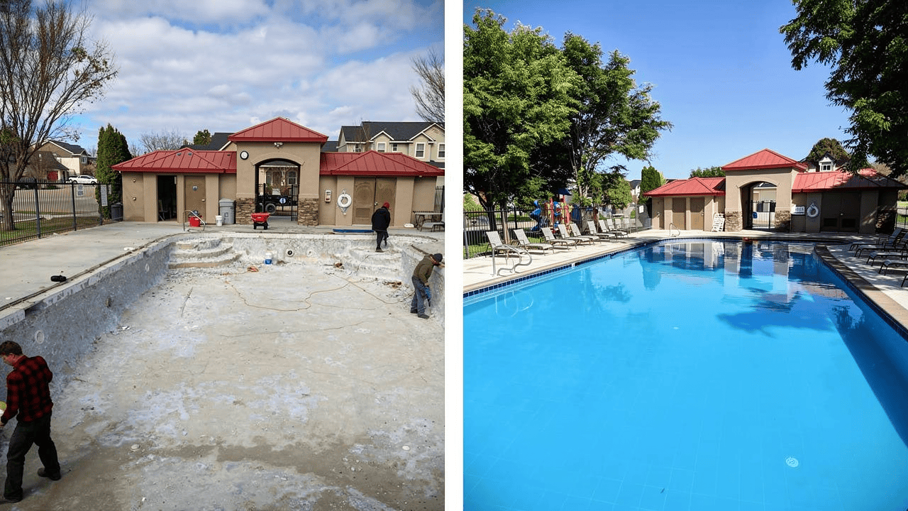 before and after photo of pool plaster etching and calcium deterioration caused by winter water chemistry, illustrating the need for professional pool remodeling
